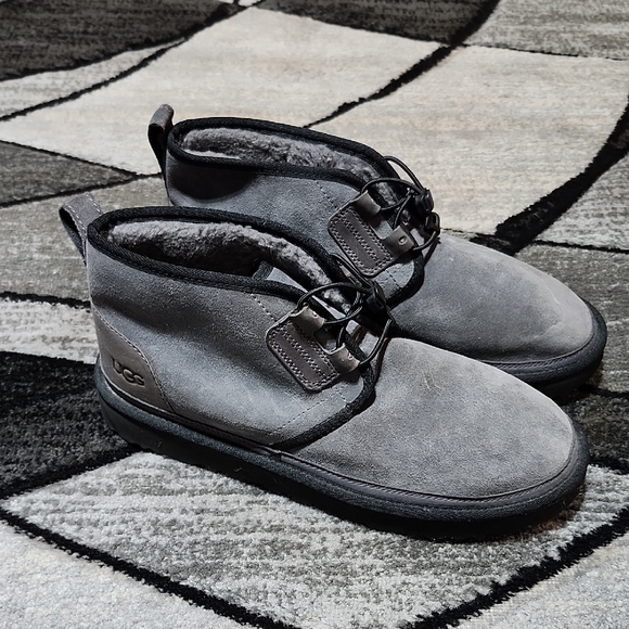 UGG NEUMEL GHILLIE GRAY SUEDE SHEEPSKIN ELASTIC LACES EMBOSSED LOGO SHOES - Picture 1 of 16